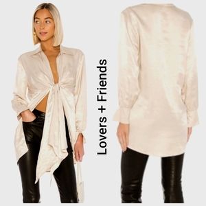 Nwot Lovers + Friends Creme Satin Longsleeve Openfront Tie Sash Tunic